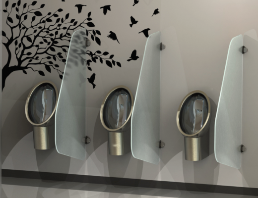 Stainless steel urinals from Stainless AD installed on a wall with bird designs