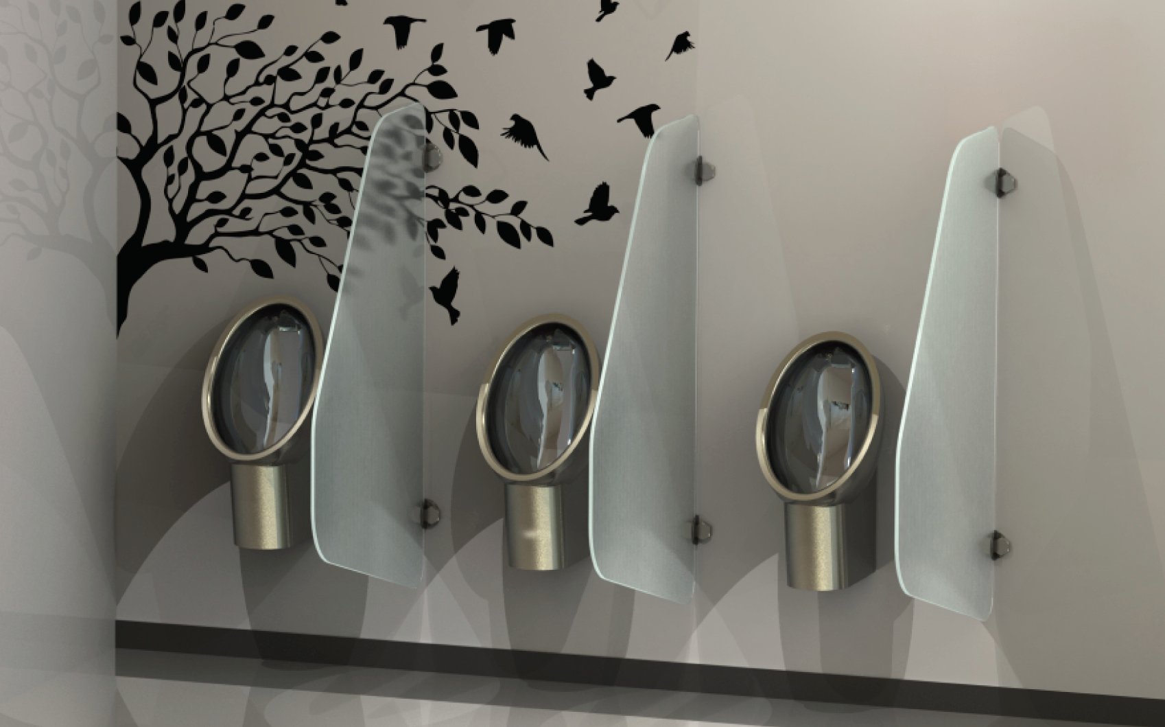 Stainless steel urinals from Stainless AD installed on a wall with bird designs